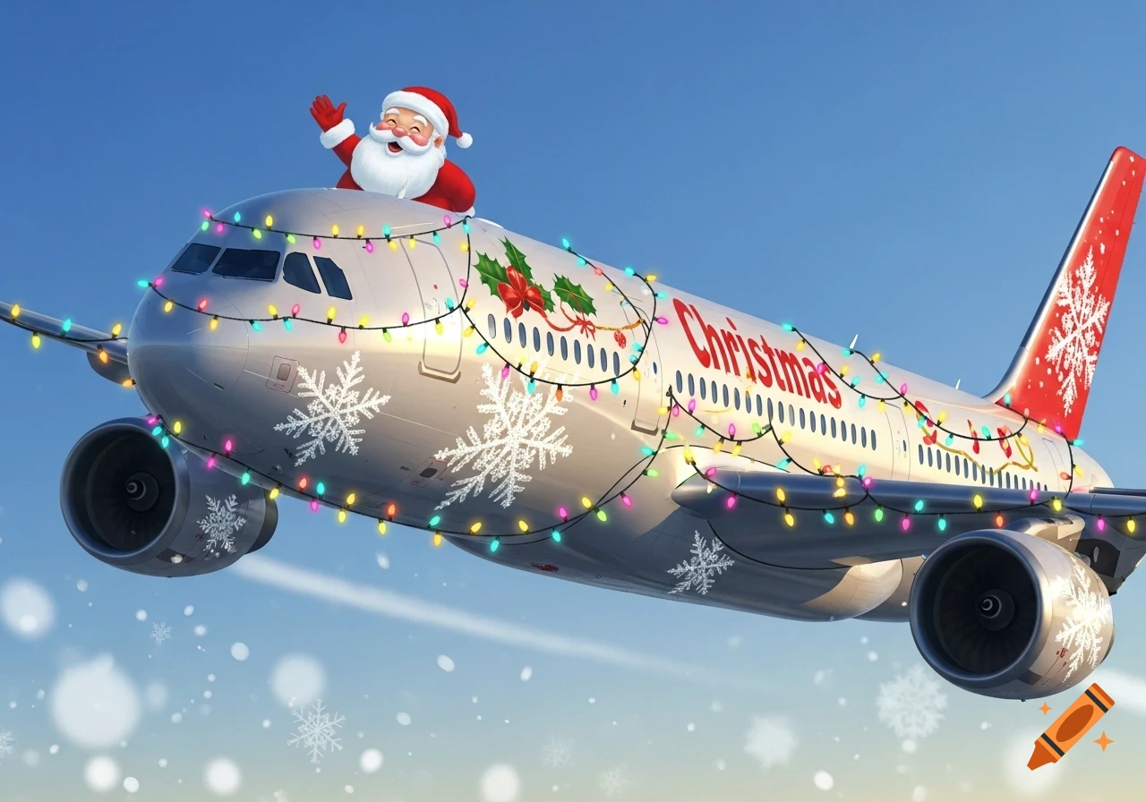 A cartoon Santa Claus waves from an airplane decorated with Christmas lights, snowflakes, and the word 'Christmas'.