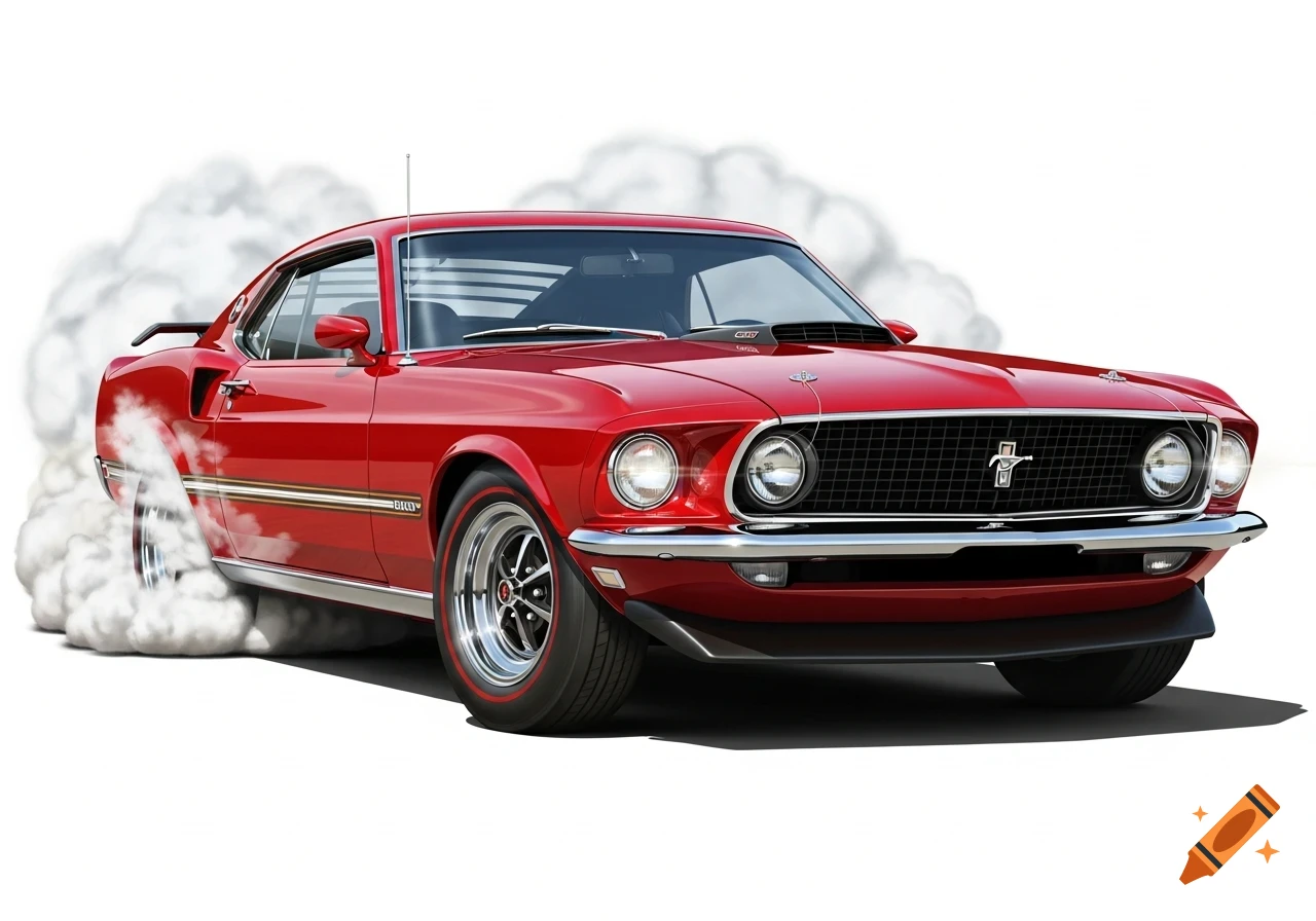 A vibrant red 1969 Ford Mustang Mach 1 performs a tire-smoking burnout, shown in a 3/4 view on white.