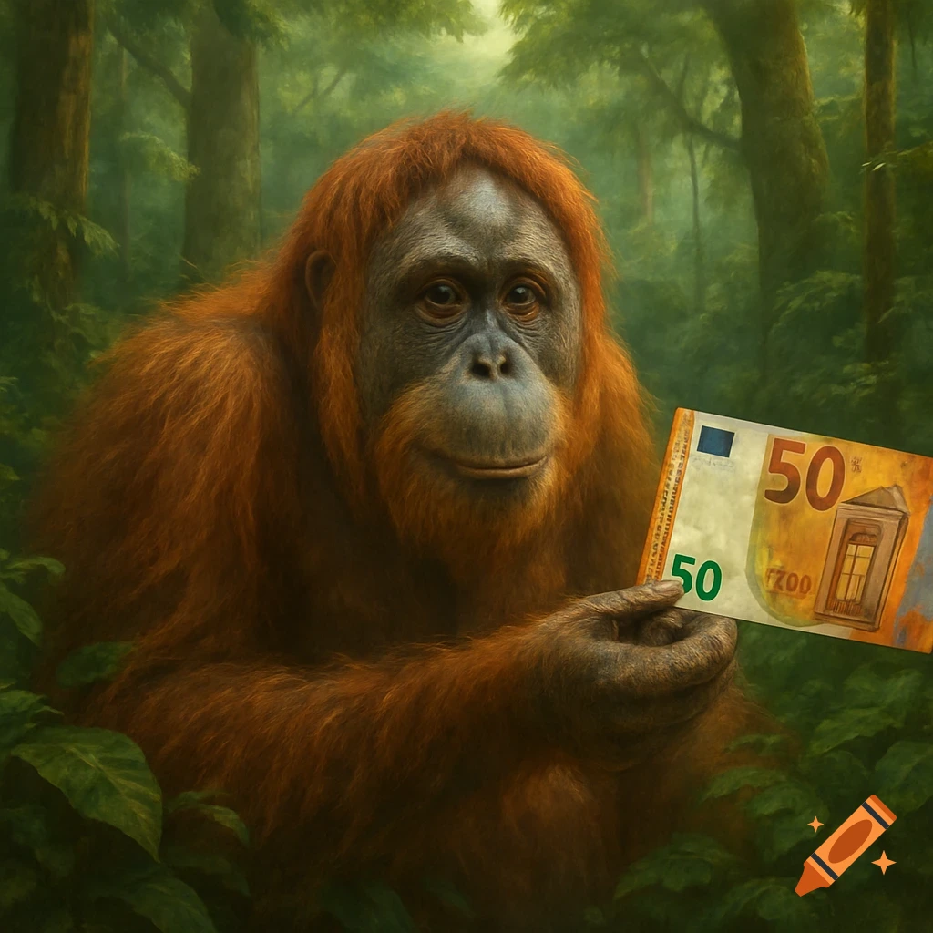 An orangutan holds a 50 Euro banknote in a lush rainforest, looking towards the viewer.