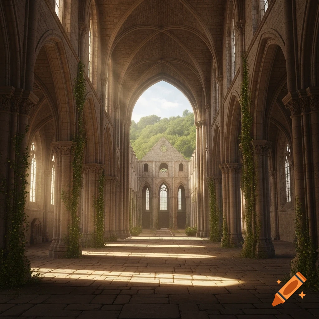 Ancient stone abbey interior with vaulted ceilings, vine-covered pillars, and sunlight. An open archway reveals distant ruins and green hills.