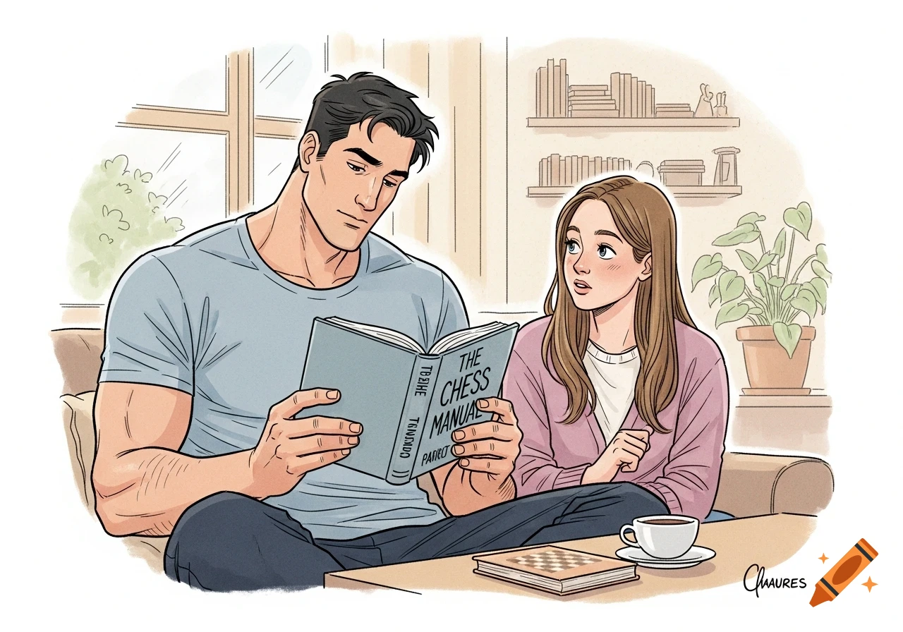 An illustration in contemporary comic book style shows a man reading a book titled "THE CHESS MANUAL" while a woman looks on curiously.