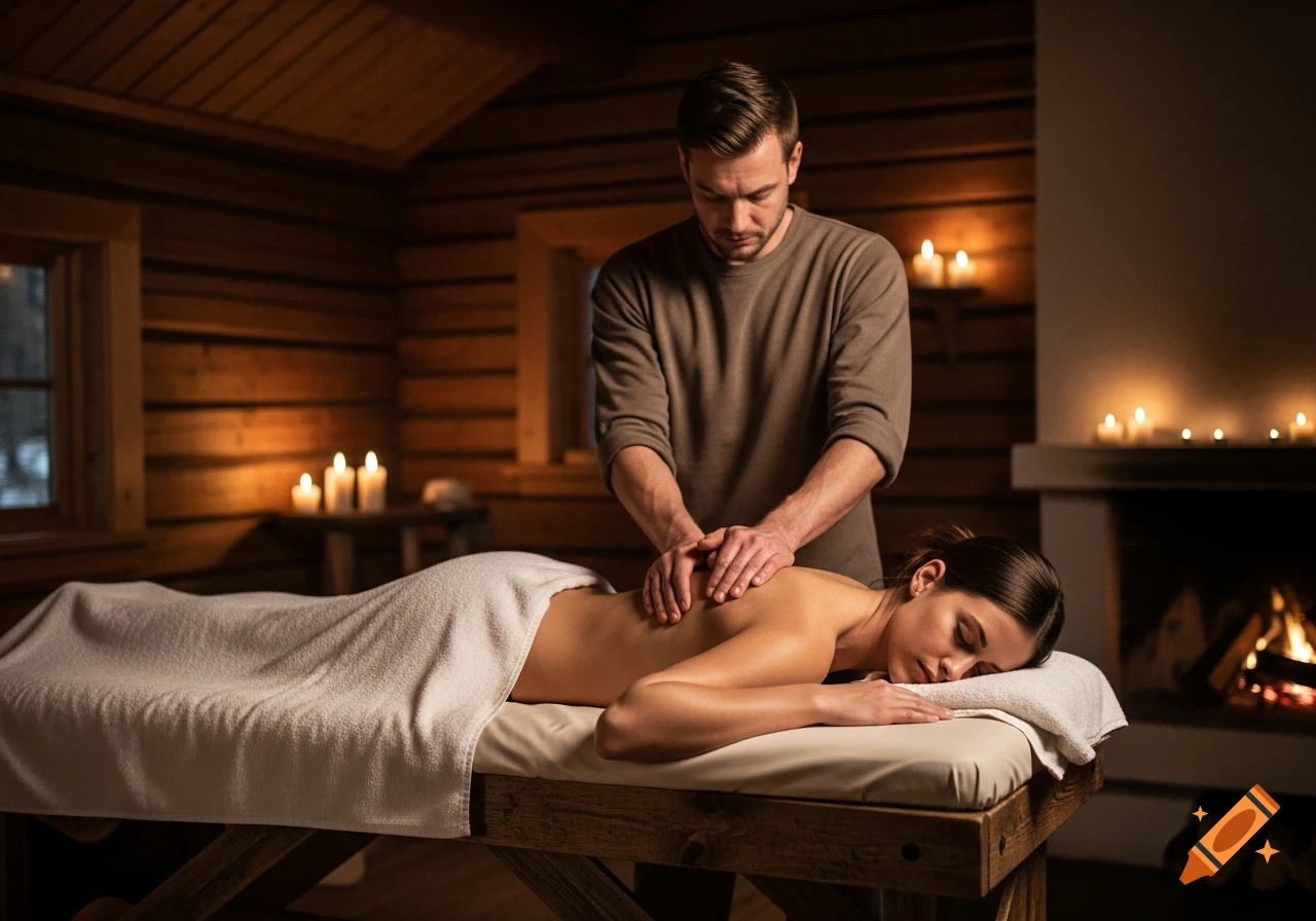 A man gives a woman a back massage in a dimly lit, cozy wooden cabin with candles and a fireplace, photorealistic.