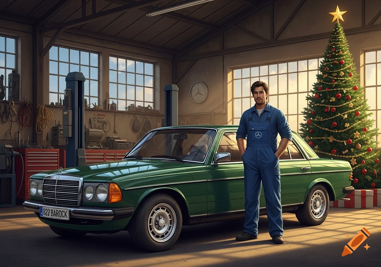 A man in mechanic's overalls stands next to a green classic car in a garage with a decorated Christmas tree.