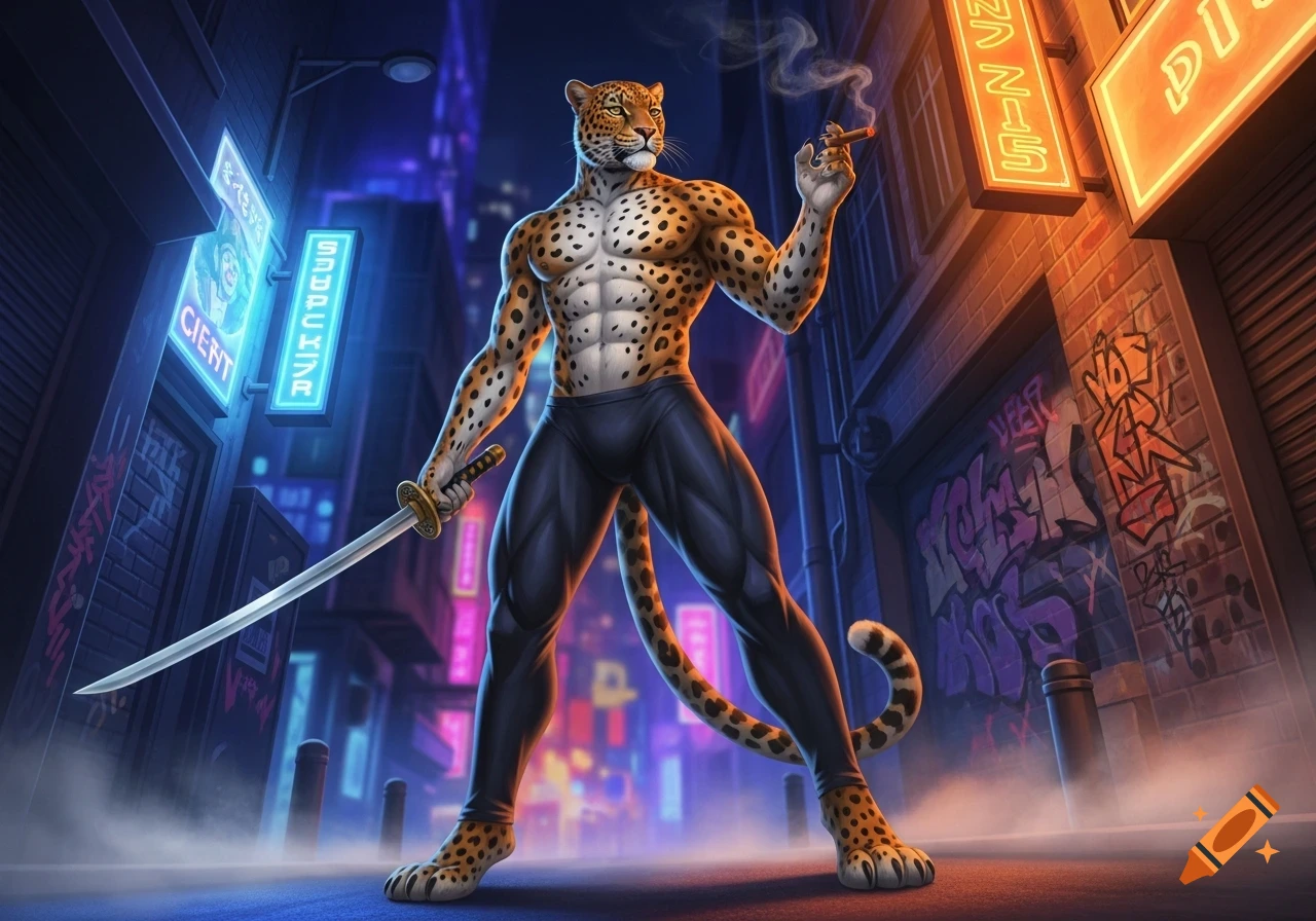 A muscular leopard man in black pants smokes a cigar, holding a katana in a dark, neon-lit city alley with graffiti.