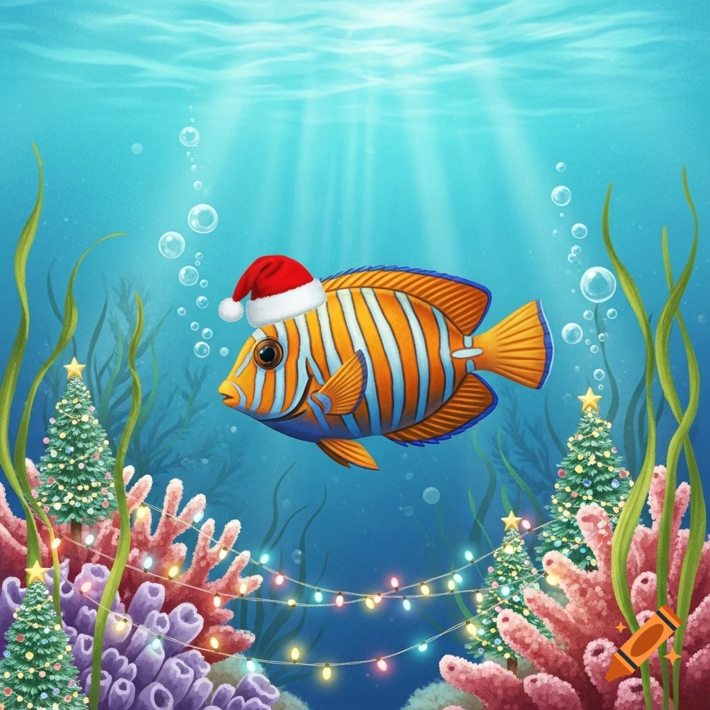 A vibrant illustration of an orange and blue striped fish wearing a Santa hat, surrounded by underwater Christmas trees and coral.