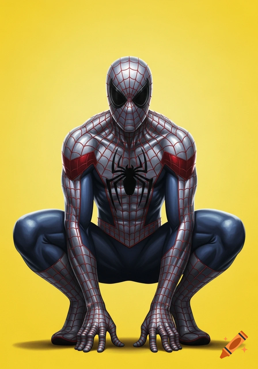 A detailed illustration of Spiderman in a silver and blue suit with red webbing and black eyes, crouching on a yellow background.