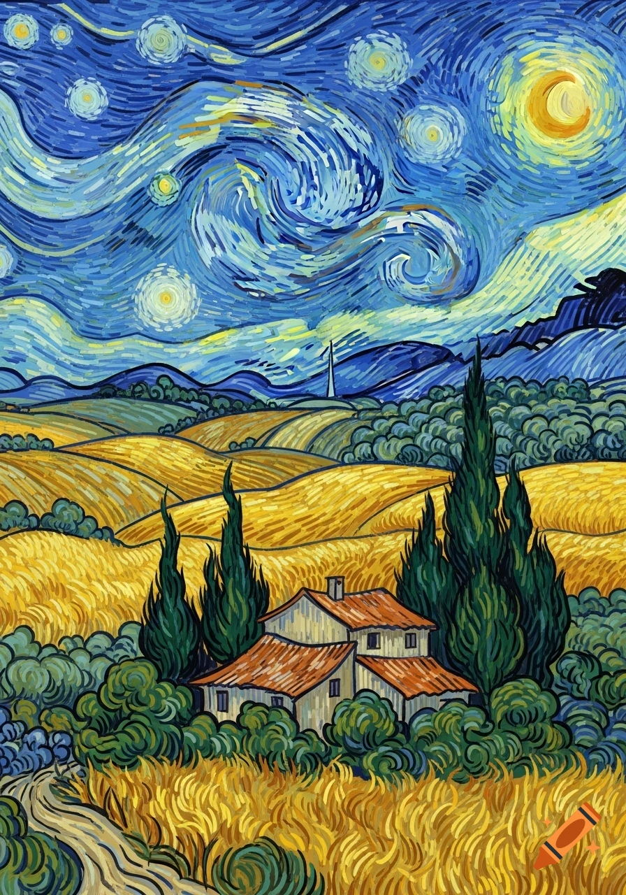 A landscape painting in Van Gogh's style, with a swirling blue night sky, stars, crescent moon, golden fields, cypress trees, and a house.