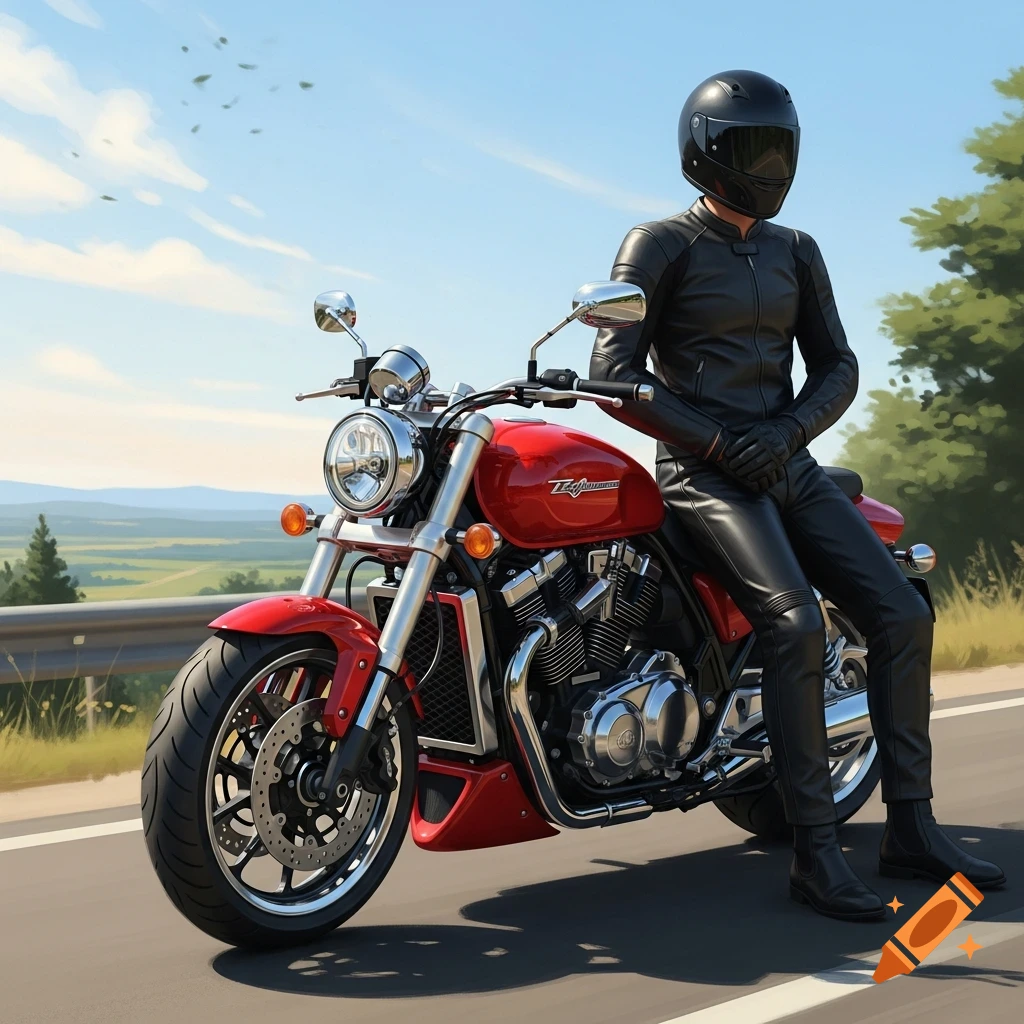 A person in a black leather suit and helmet sits on a red motorcycle on a road, with a landscape background. Photorealistic style.