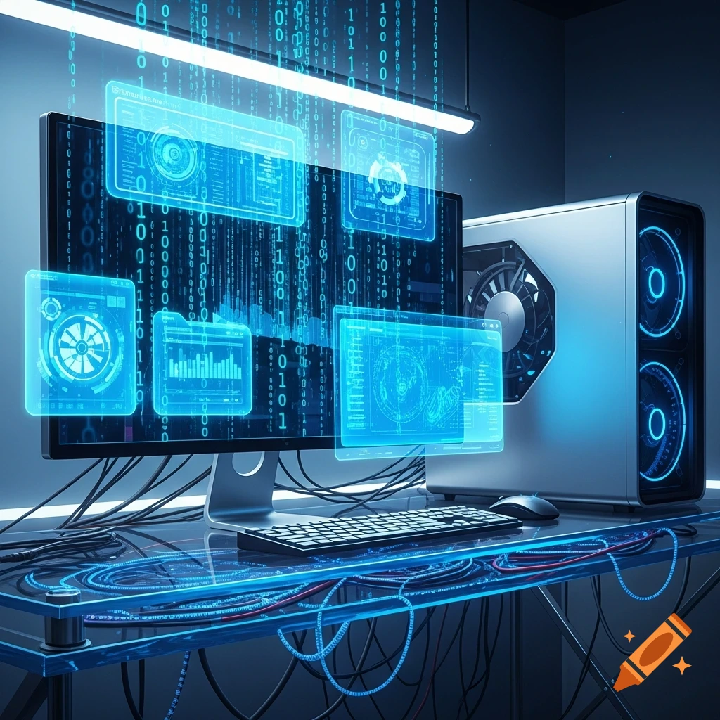 A futuristic computer setup with a monitor displaying binary code and holographic interfaces, a PC tower, and glowing blue wires on a glass desk.