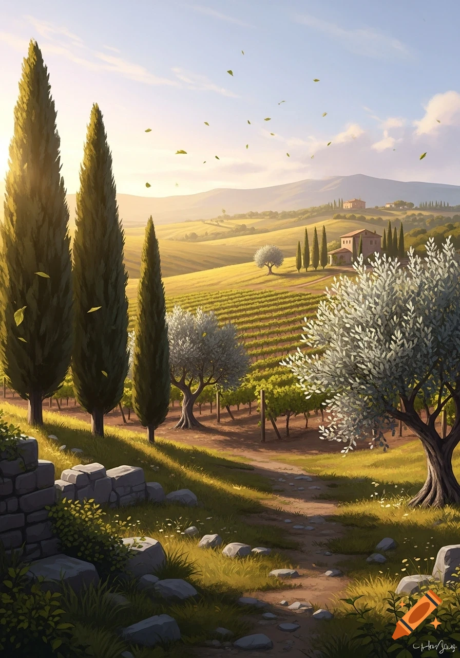 Sunny landscape with rolling vineyards, tall cypress trees, olive trees, and distant houses, with a dirt path in the foreground.