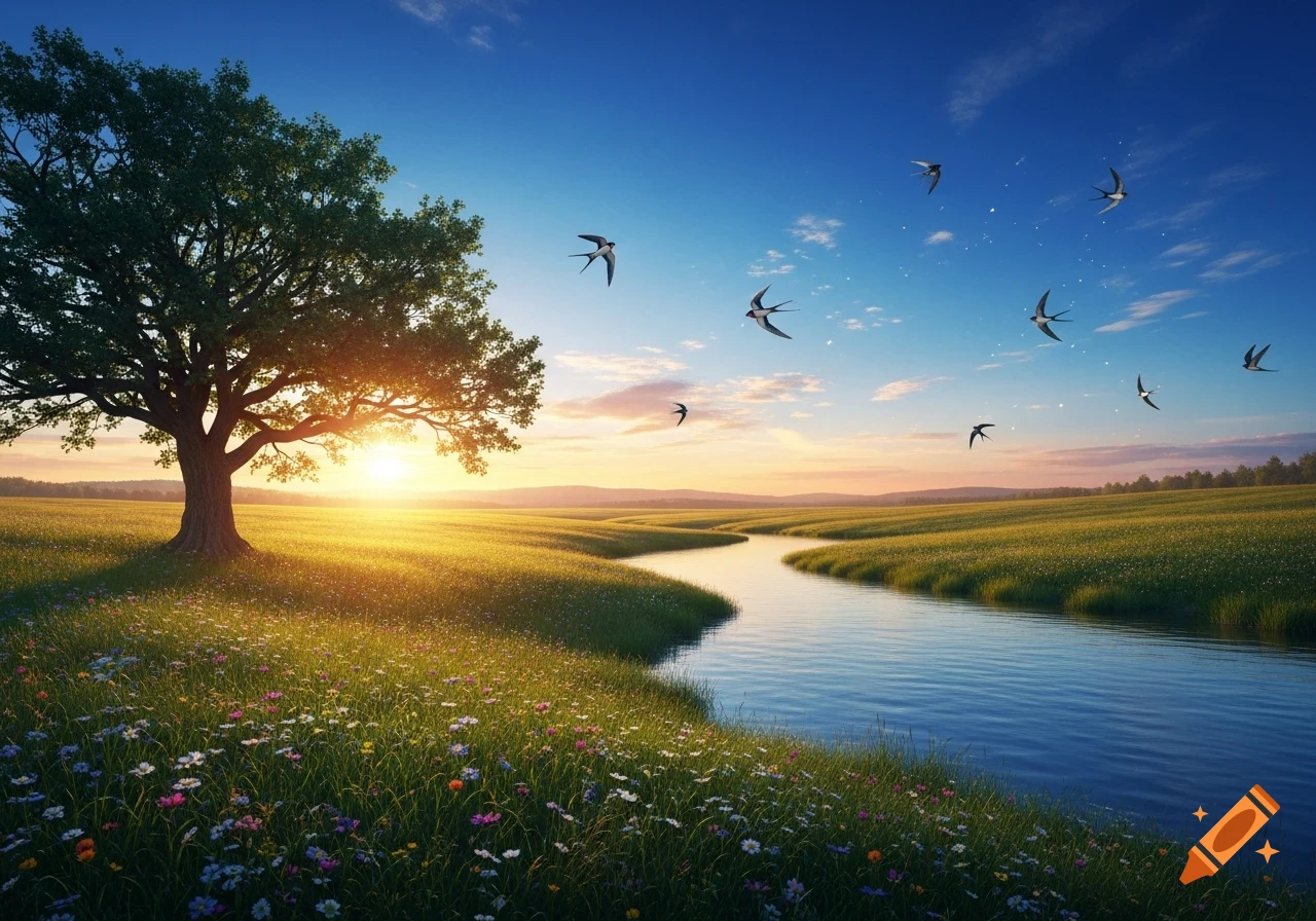 A vibrant sunset illuminates a peaceful meadow with a winding river, a ...