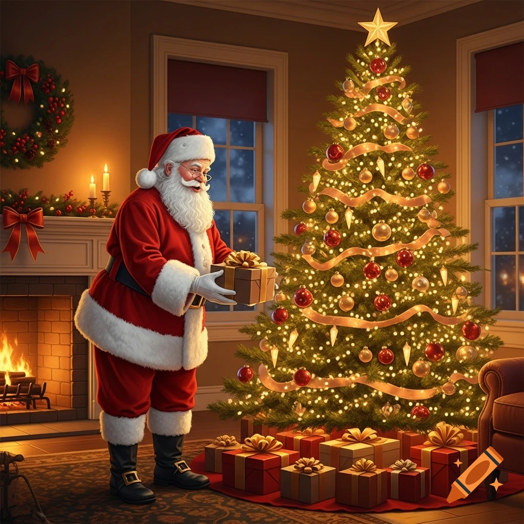 Photorealistic image of Santa Claus holding a present next to a brightly lit Christmas tree in a cozy living room with a fireplace.