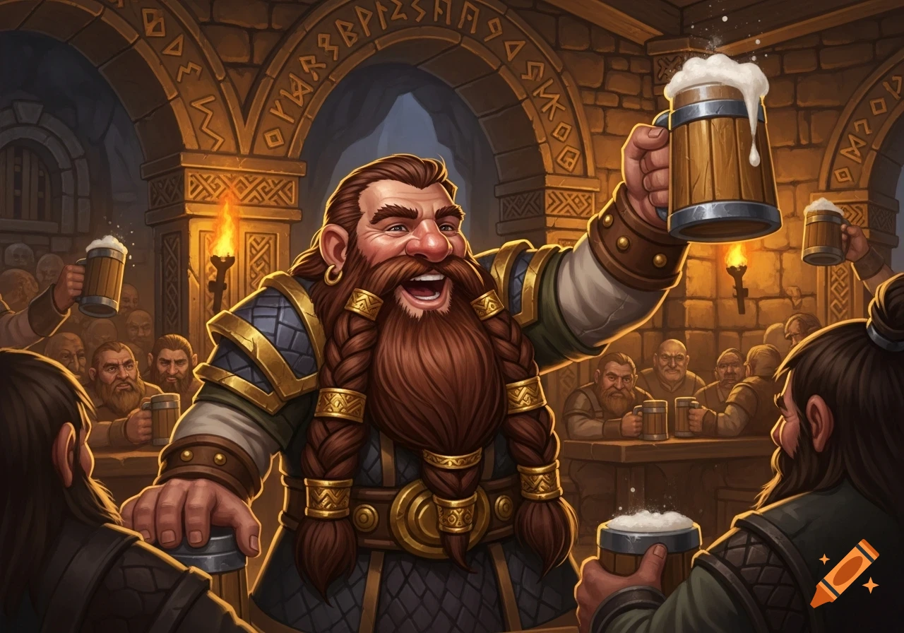 A happy dwarf with a long braided beard in a bustling tavern, raising a frothy mug of beer in a celebratory toast.