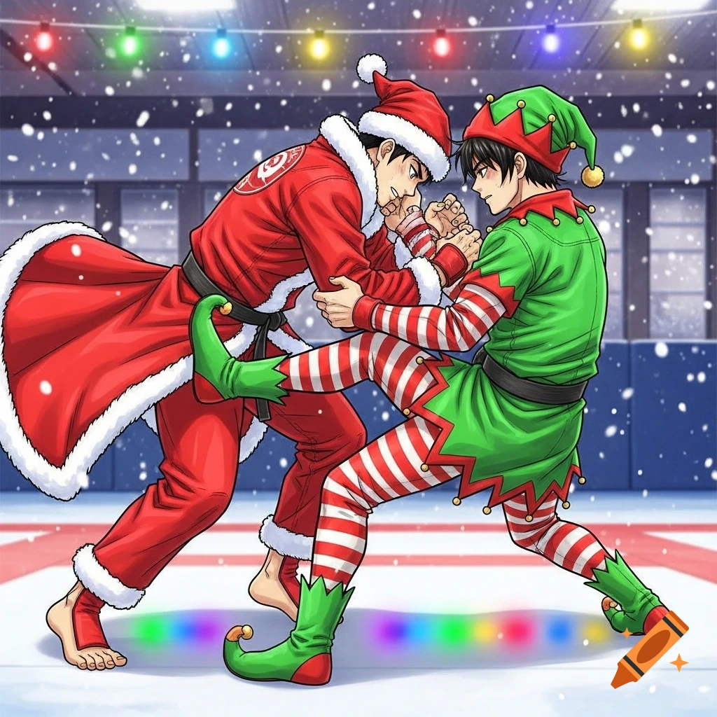 Two male BJJ grapplers in Santa and elf costumes on a snowy, string-lit mat, in manga style.