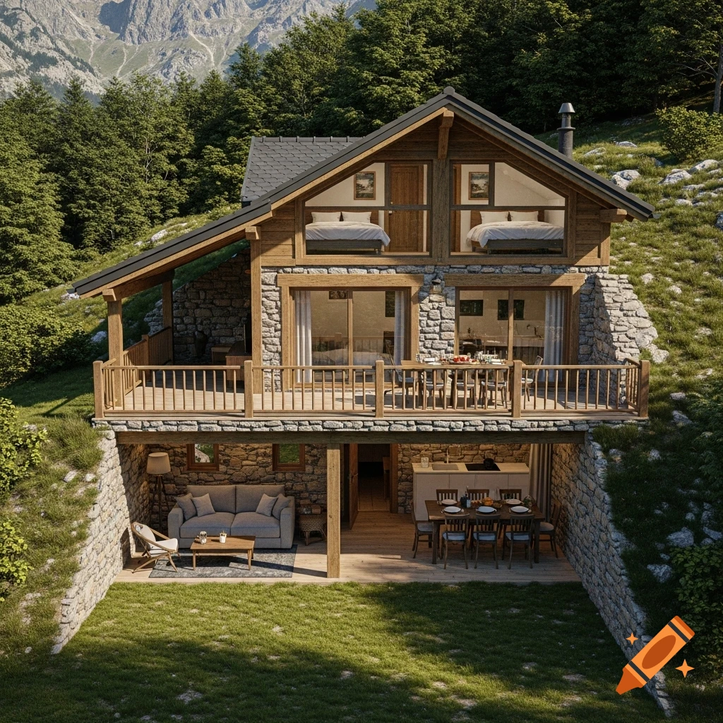 A photorealistic two-story stone and wood cabin nestled into a green mountainside, with a balcony, outdoor living area, and mountain views.