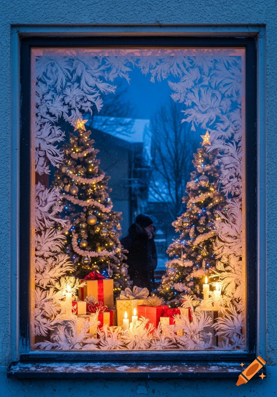 A photorealistic Christmas window display with frost patterns, two illuminated Christmas trees, gifts, and glowing candles, reflecting a person.