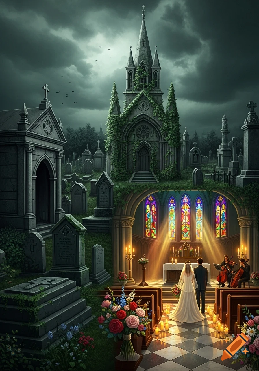 A couple weds in a brightly lit church with stained glass windows, juxtaposed with a dark, overgrown gothic graveyard under a stormy sky.