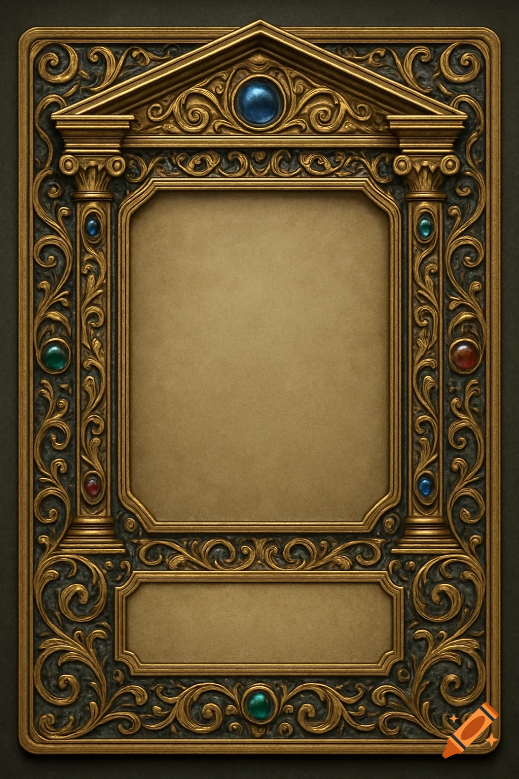 An ornate gold and dark gray trading card template with a central blank frame, decorated with scrollwork, columns, and colorful jewels, in a luxurious antique style.