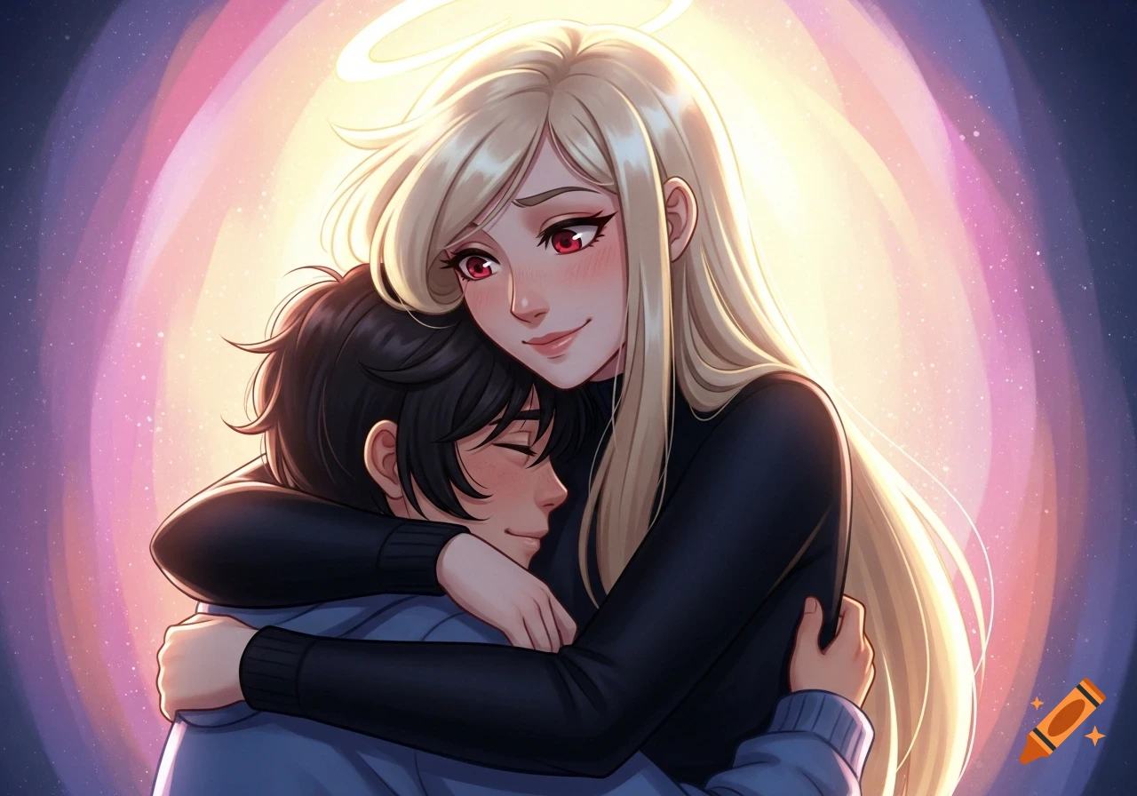 Anime style illustration of a blonde woman with a halo hugging a dark-haired man, against a bright, colorful background.