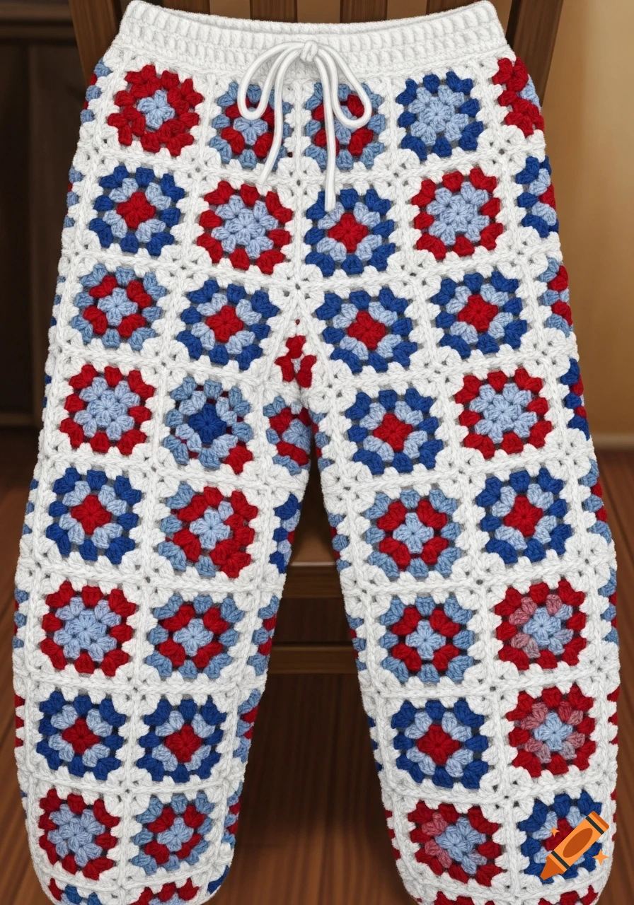 Crocheted pants made of red, white, and blue granny squares hanging on a wooden chair.