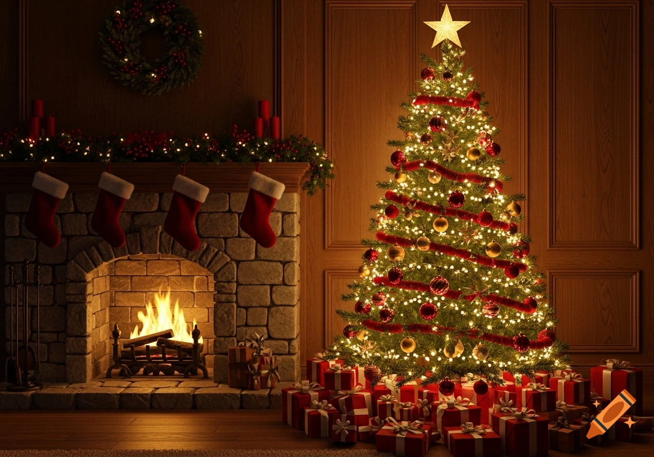 A warm, photorealistic scene of a decorated Christmas tree with gifts, a lit stone fireplace with hung stockings, and wood-paneled walls.