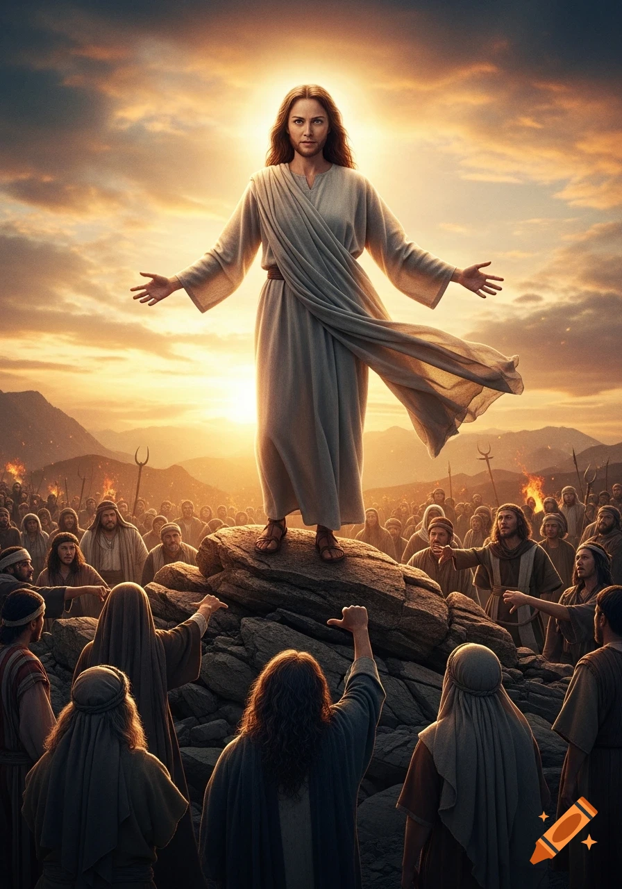 A female Jesus stands on a rock with outstretched arms, preaching to a large crowd at sunset in a realistic movie poster style.
