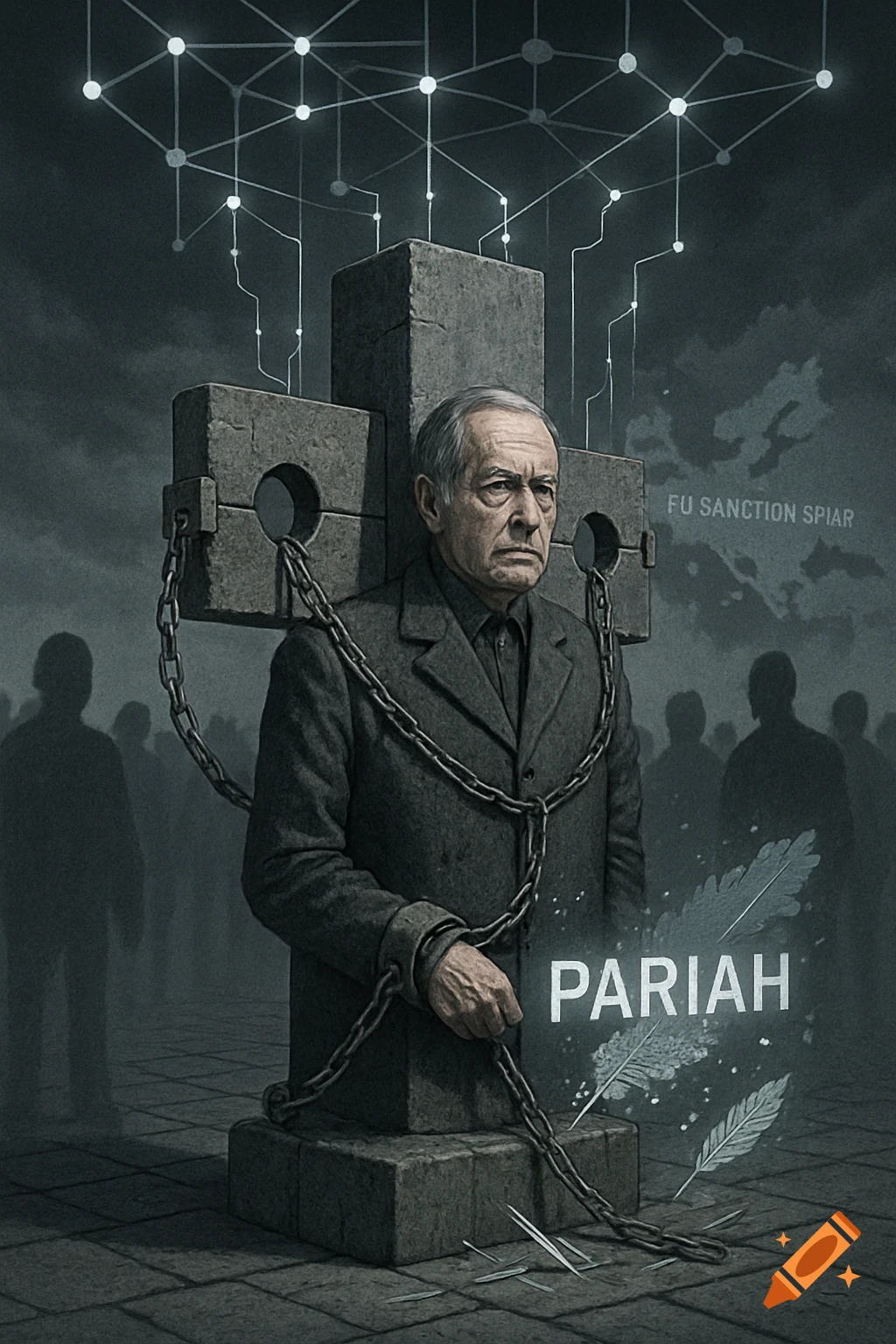 A man chained to a stone pillory, looking distressed, with network lines above him and shadowy figures in the background. The word 'PARIAH' glows in front.