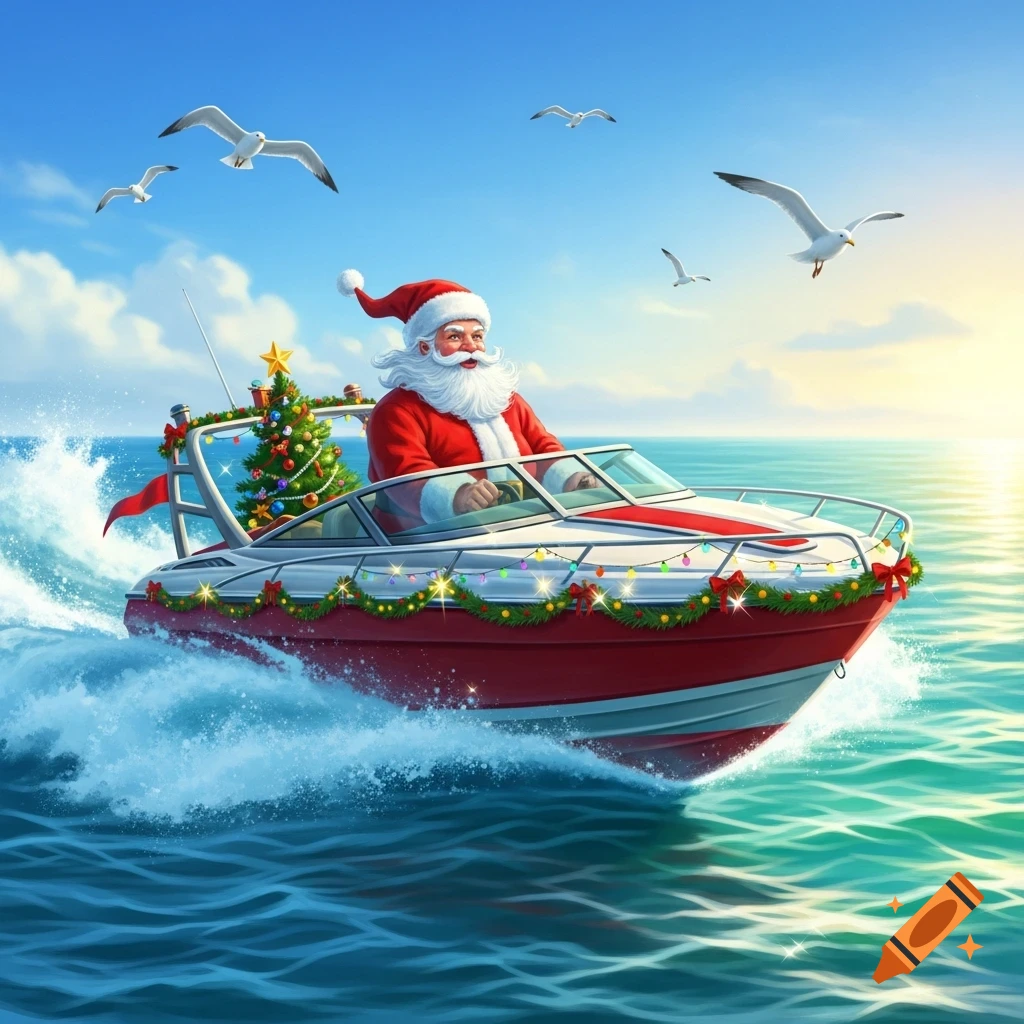 Santa Claus drives a festive red speed boat with a Christmas tree on a sunny ocean, seagulls flying.