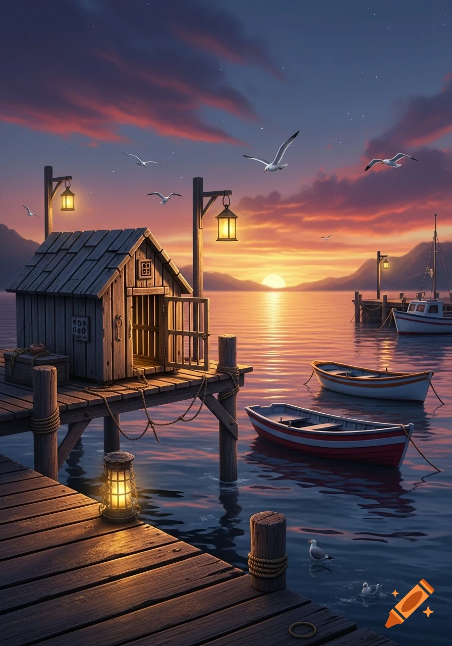 A serene sunset over a harbor, with a small wooden structure on a pier, lanterns, and several boats on the calm water.
