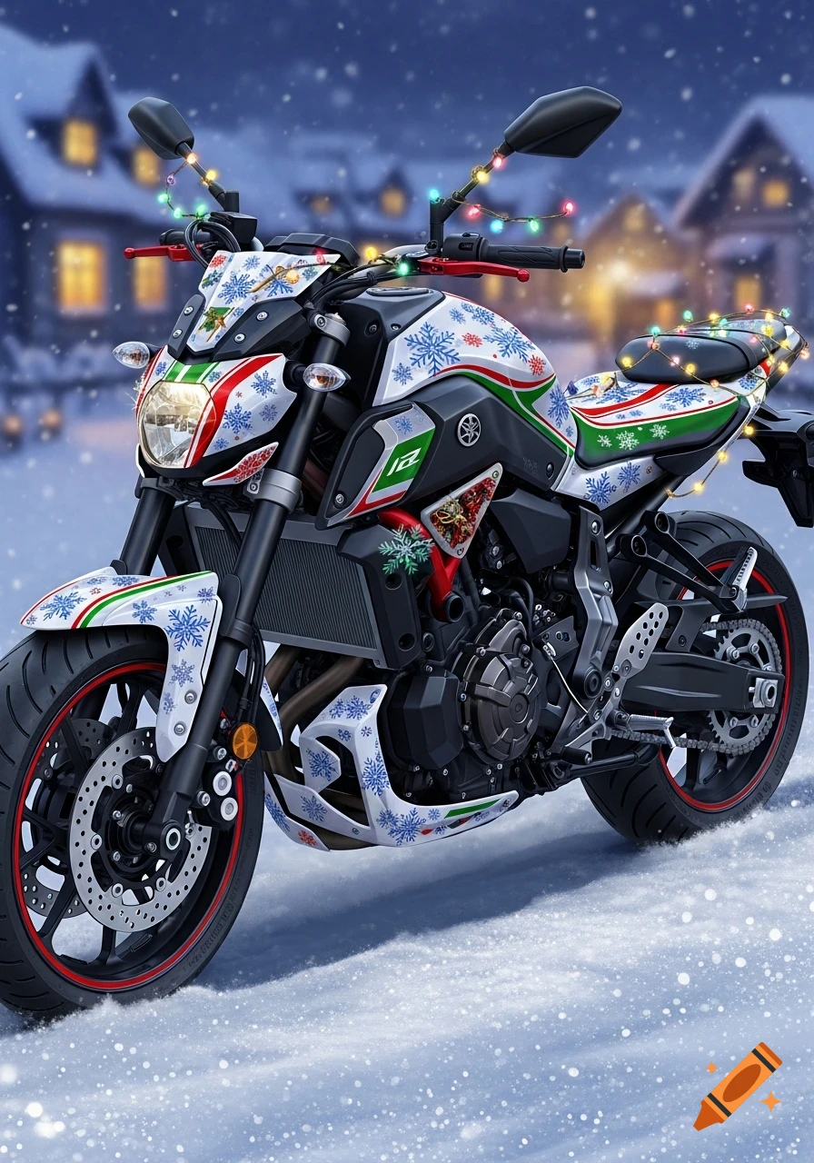 A white Yamaha MT-07 motorcycle decorated with blue snowflakes, red and green stripes, and colorful Christmas lights, parked on a snowy road in front of a festive village at dusk.
