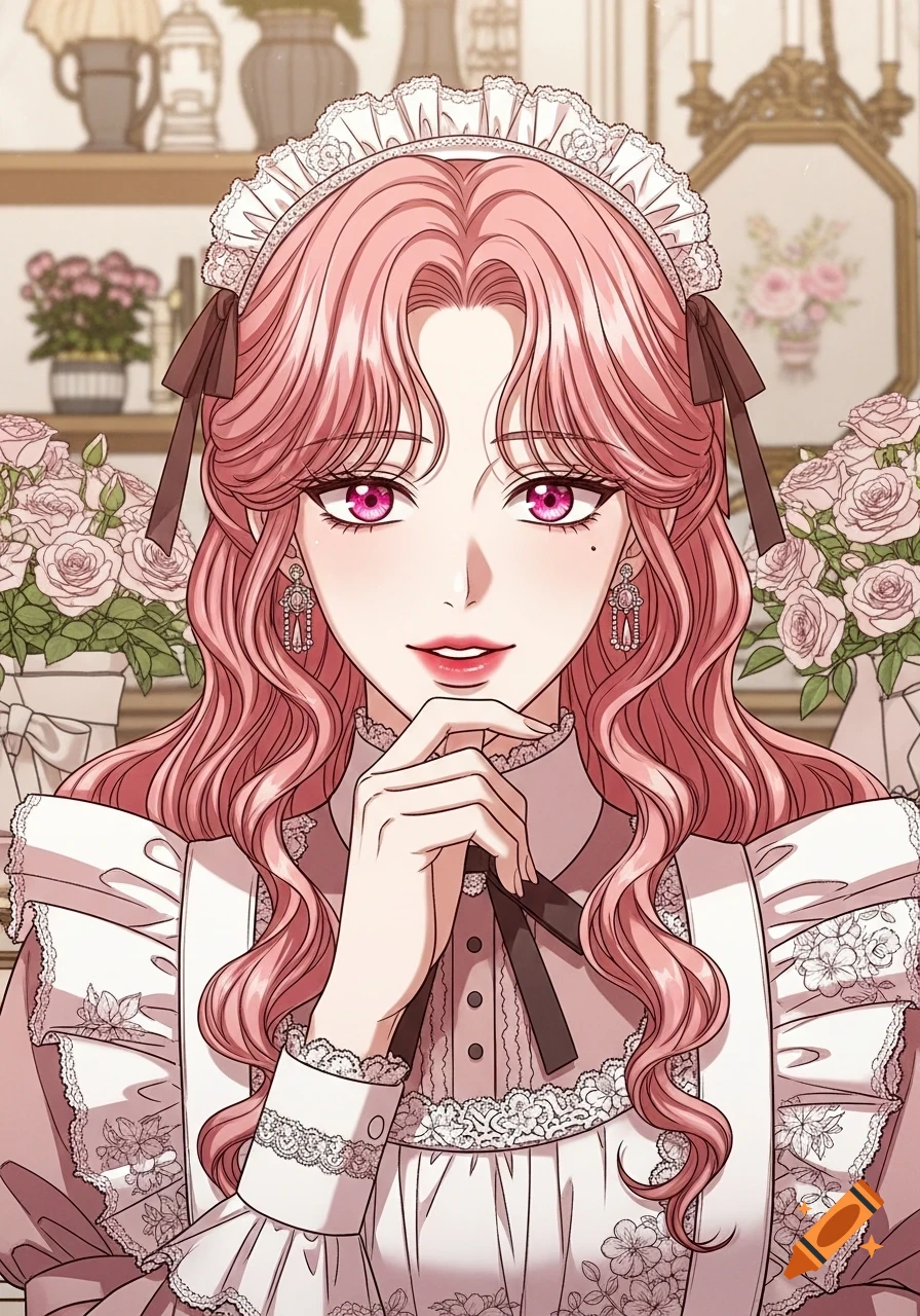 A close-up of a manhwa woman with long pink curly hair, hot pink eyes, and a pink and white maid dress, with her hand near her chin.