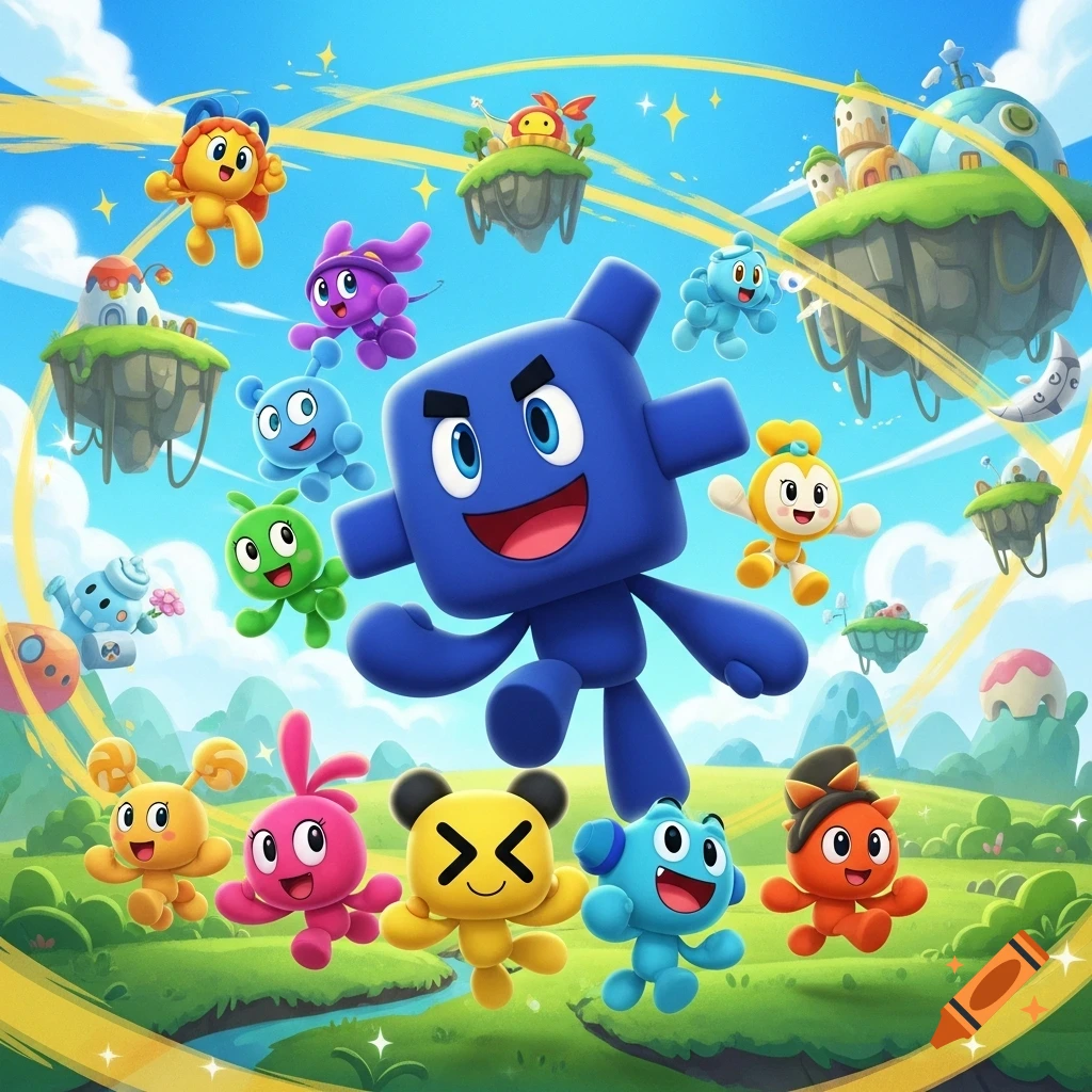 A blue blocky character smiles among many colorful, small, blob-like cartoon creatures in a whimsical landscape with floating islands.