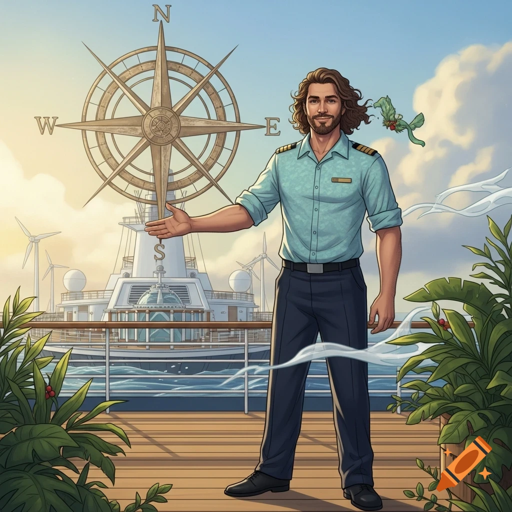 Illustrative image of a smiling environmental officer on a cruise ship deck, pointing to a large compass rose with N, E, S, W, and wind turbines.