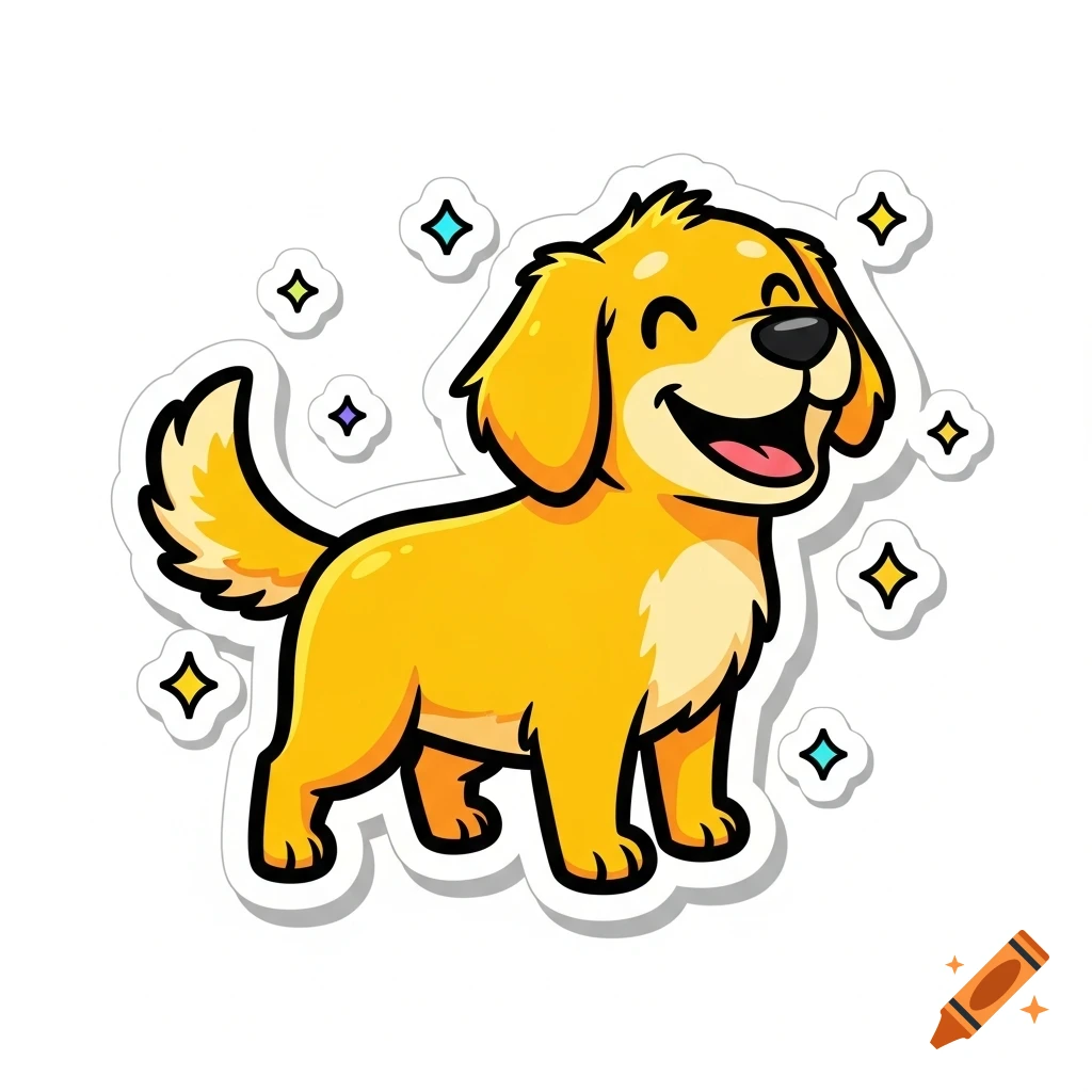 A happy yellow cartoon golden retriever dog sticker with a white outline and sparkles.