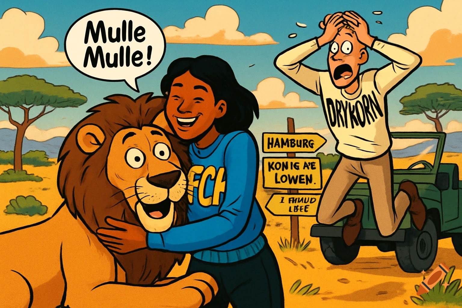 Cartoon scene in a safari: a woman hugs a friendly lion, while a man jumps in panic from a jeep. A speech bubble reads "Mulle Mulle!"