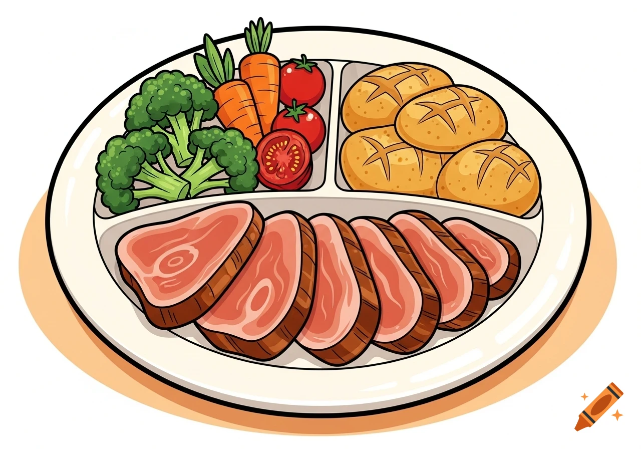 A cartoon plate with sliced meat, broccoli, carrots, tomatoes, and bread rolls.