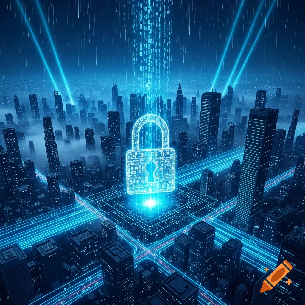 A futuristic blue neon cityscape with a large glowing padlock symbol, streams of binary code falling, and illuminated data pathways connecting buildings.