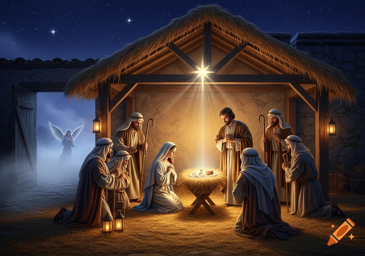 A serene nativity scene with Mary, Joseph, shepherds, and baby Jesus in a stable, under a bright star and an angel in the background.
