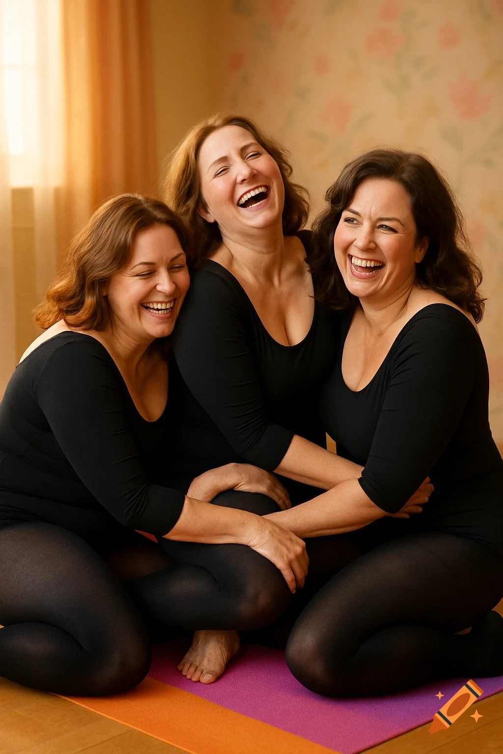Three smiling women in black leotards and tights sit on a yoga mat, laughing with tangled legs in a lighthearted indoor scene.