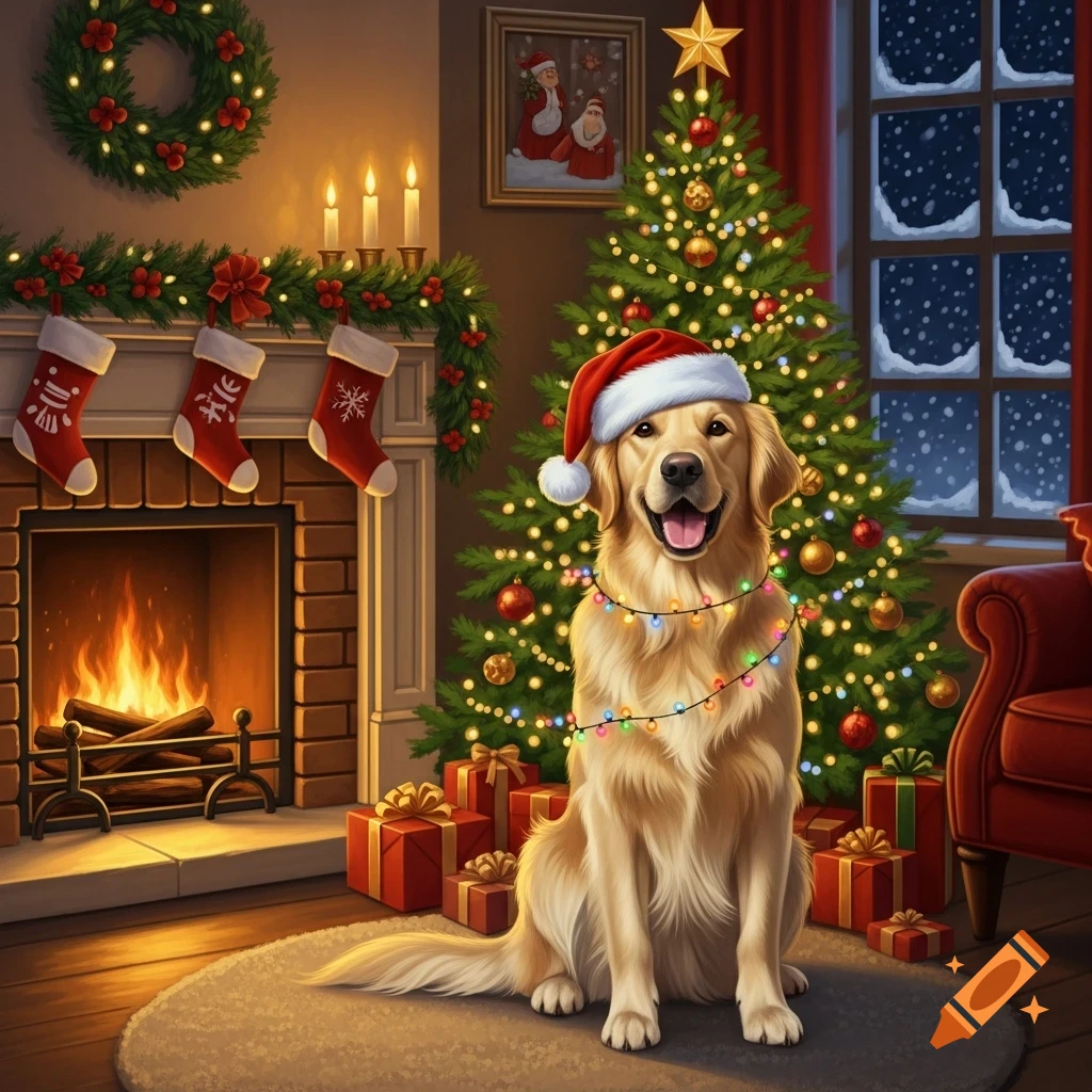 A Golden Retriever wearing a Santa hat sits in front of a decorated Christmas tree, a cozy fireplace, and wrapped presents.