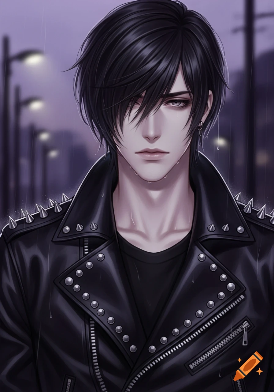 Anime-style portrait of a young man with dark emo hair and a studded leather jacket, looking melancholic in the rain at night.