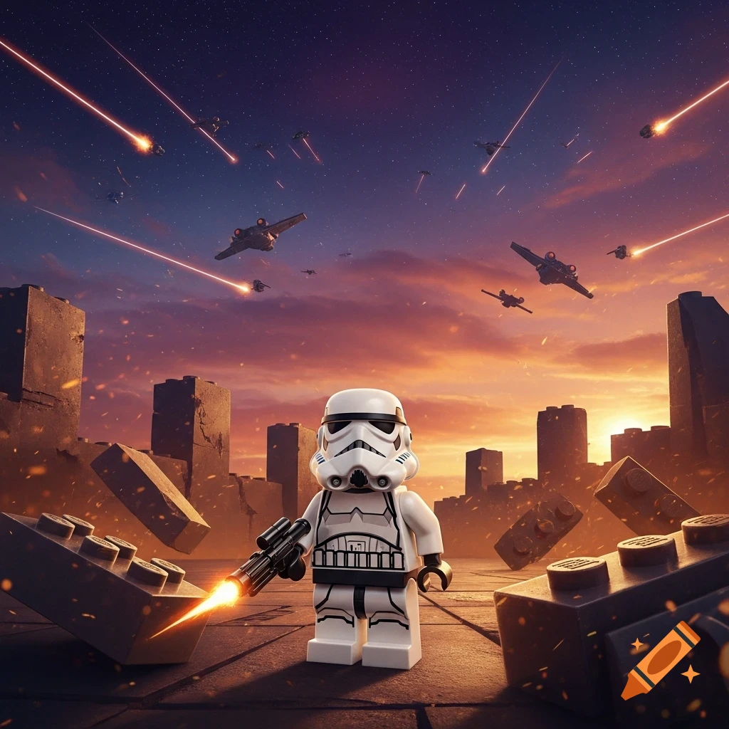 Lego Stormtrooper on a battlefield with laser fire and spaceships in a dramatic sunset sky.