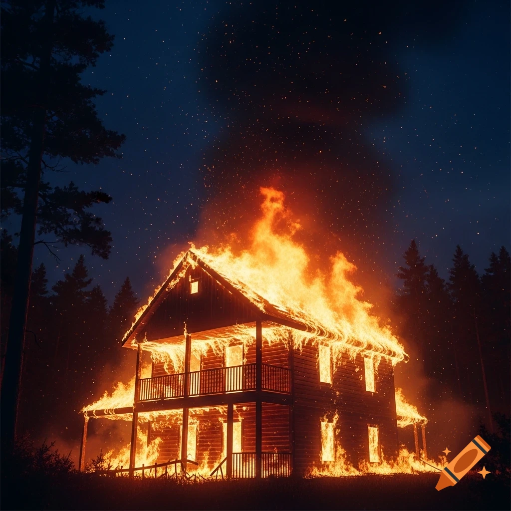 A two-story wooden house fully engulfed in massive flames against a dark night sky with stars and silhouetted trees.
