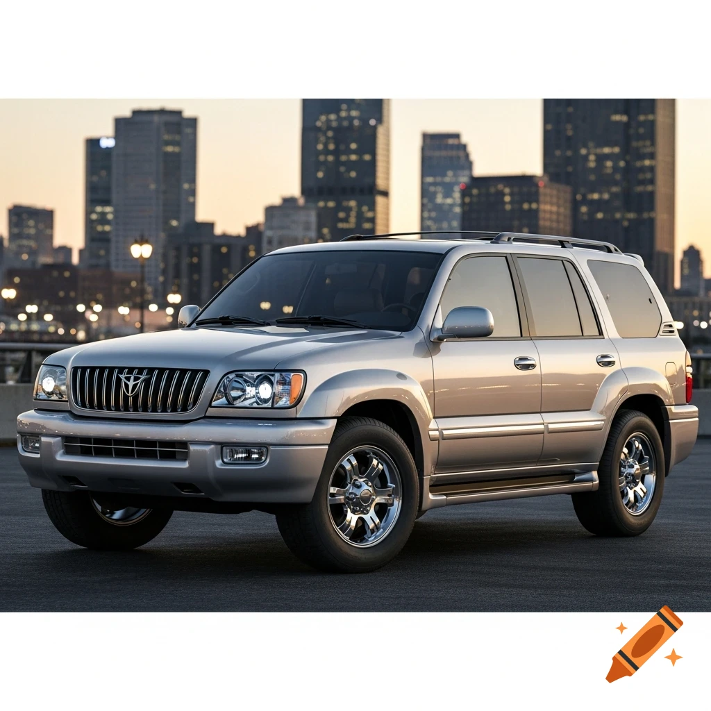 A silver luxury SUV is parked on an asphalt surface with a city skyline and sunset in the background.