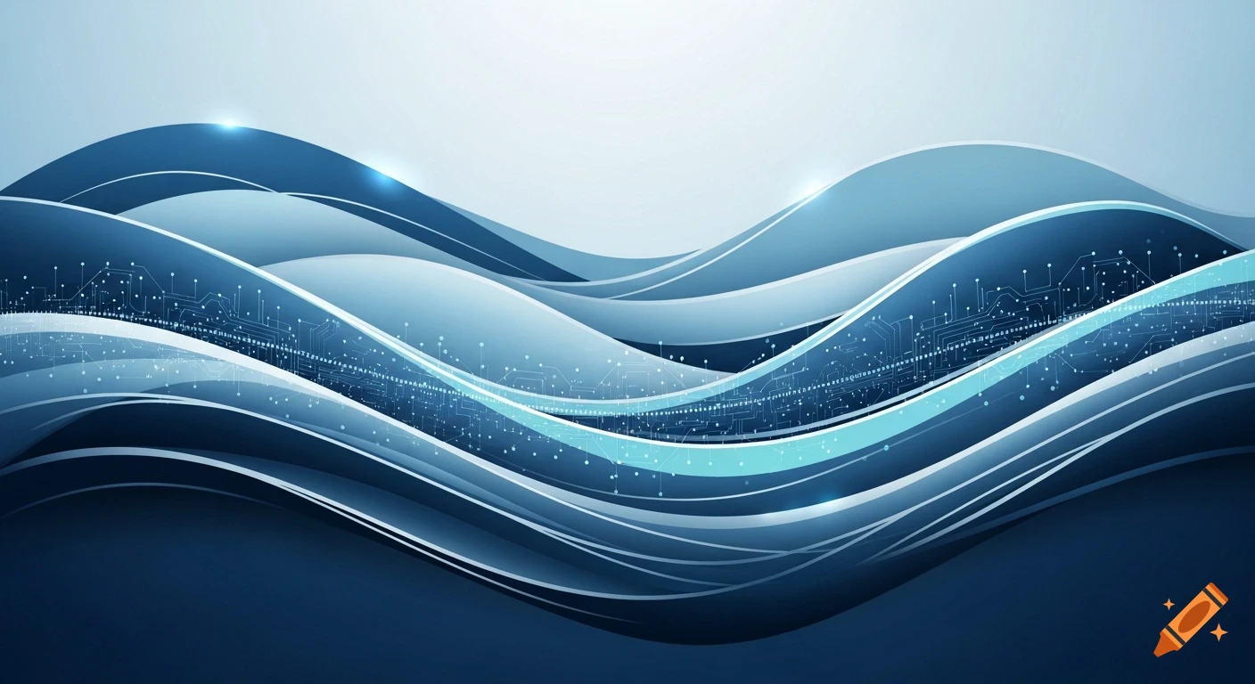 An abstract background featuring smooth blue gradient waves with intricate white circuit board patterns and glowing elements.