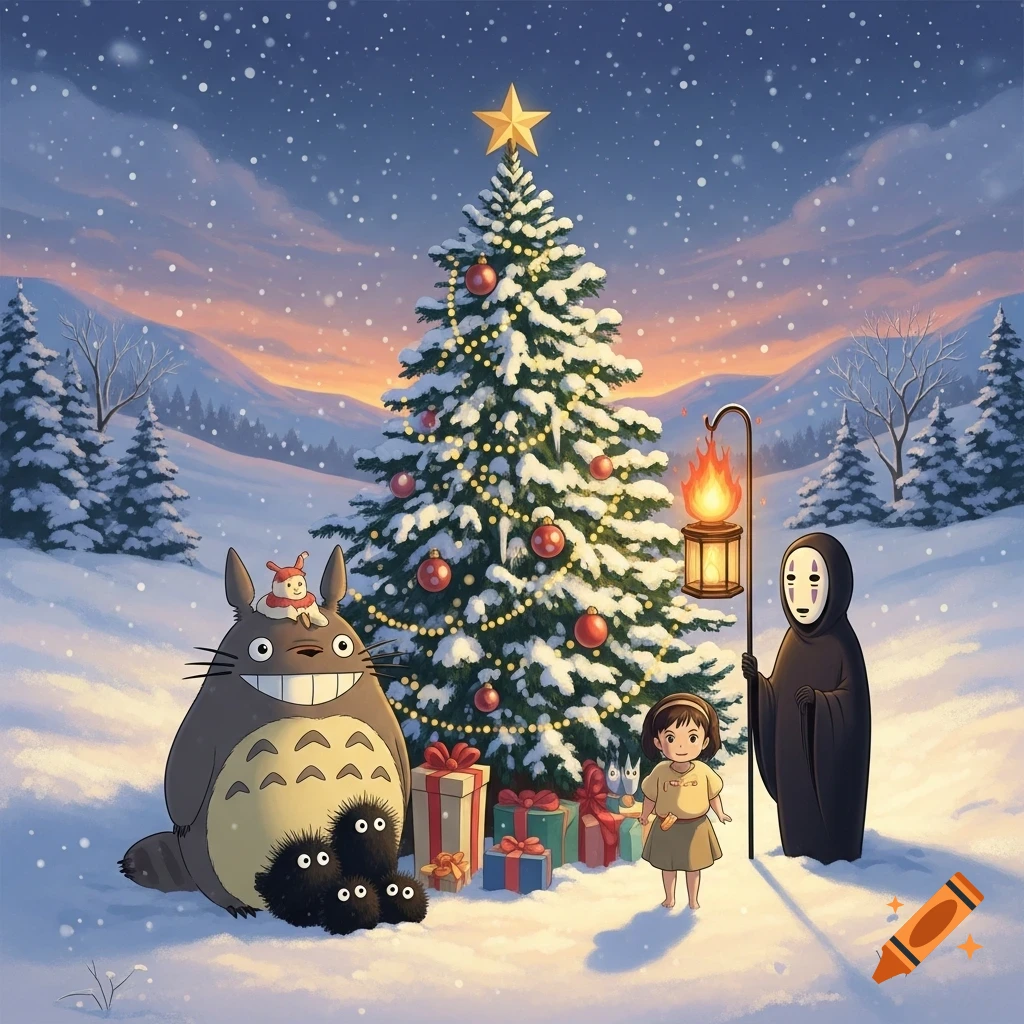 Anime Totoro, Soot Sprites, No-Face, and a child gather around a snowy Christmas tree in a winter landscape at sunset.