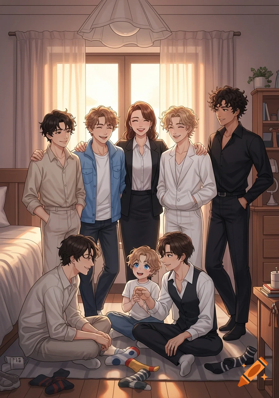 Anime illustration of a large family with six adults and one child in a sunlit bedroom, with scattered socks on the floor.