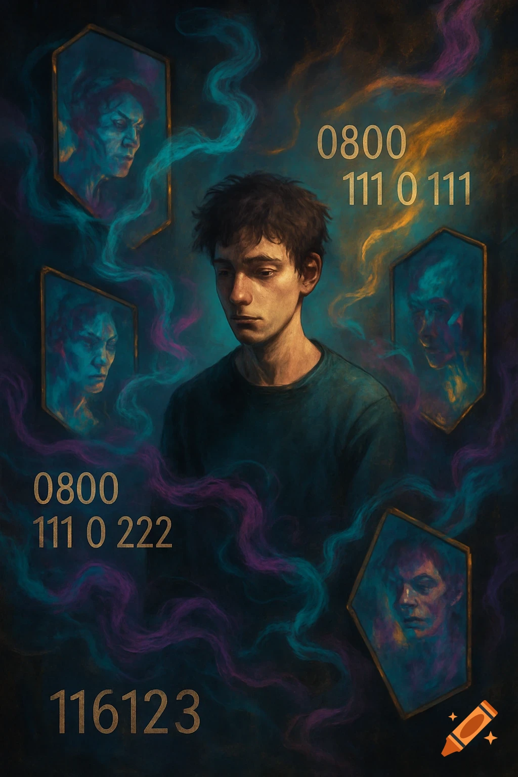 A somber young man surrounded by smoke and distorted faces in mirrors, with mental health helpline numbers visible.