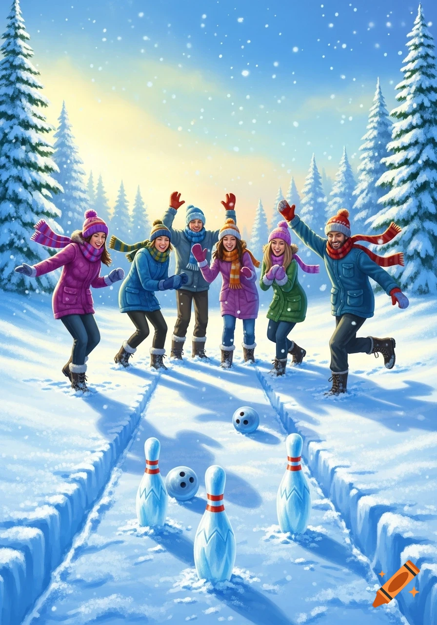 Happy friends in winter clothes bowling on a snowy lane amidst pine trees under a clear winter sky, vibrant illustration.