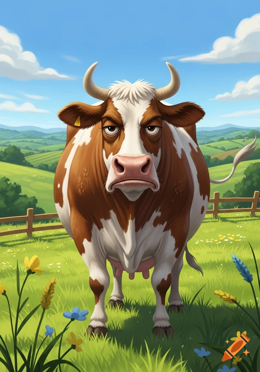 A grumpy cartoon cow with brown and white patches stands in a green pasture under a blue sky.